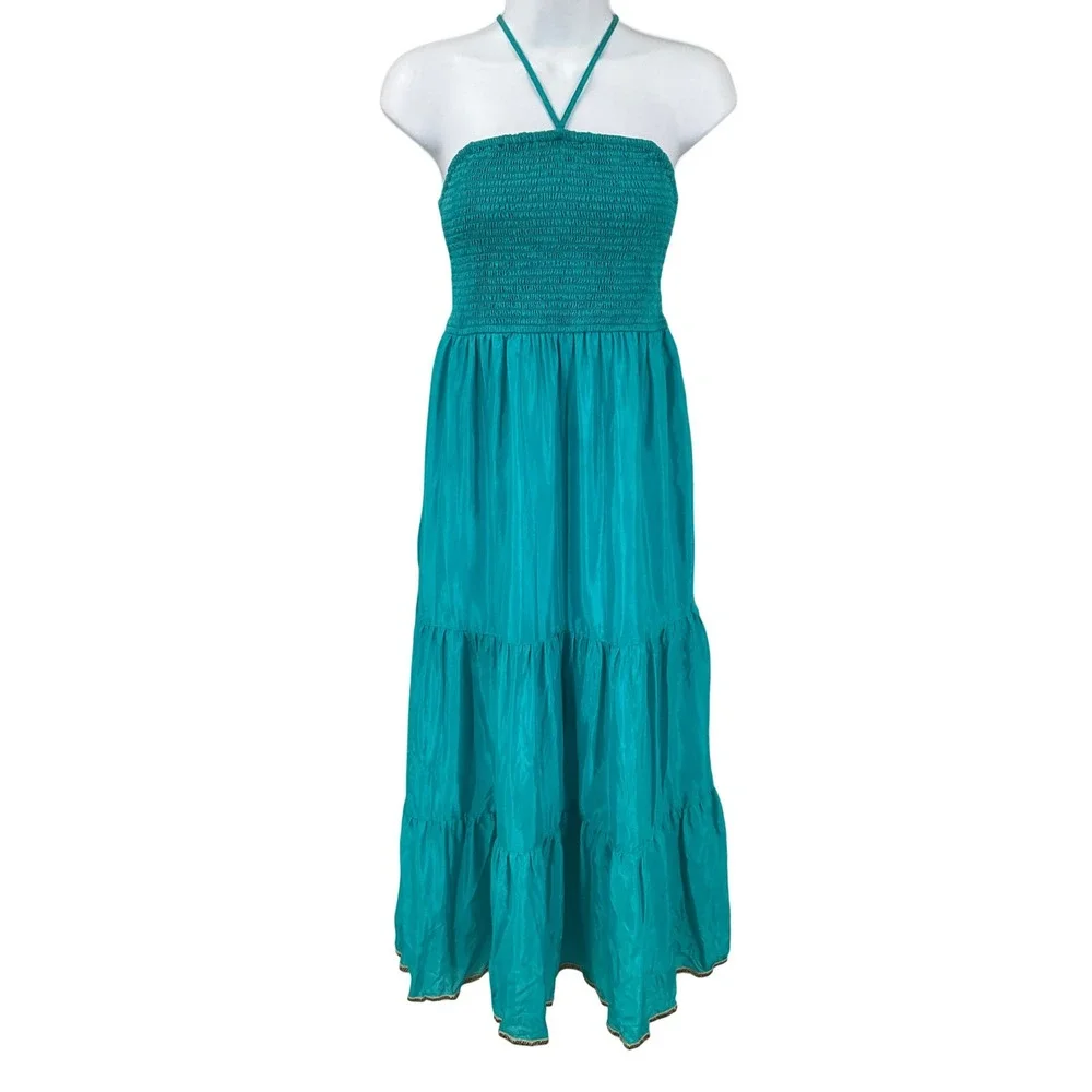 Maeve‎ Silk Maxi Dress Women Sz S Teal Blue 100% Silk Smocked Tiered Boho Halter